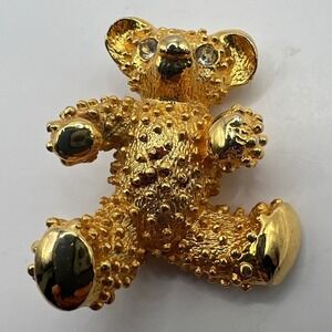 Vintage AAI Teddy Bear Brooch Figural Textured Gold Tone Rhinestone Eyes Pin